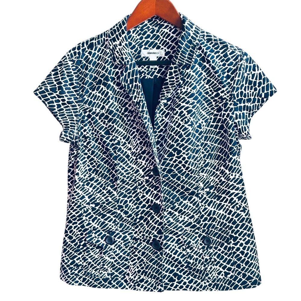 DRESS BARN Short Sleeve Blazer Navy Blue & White Animal Print Women's Small